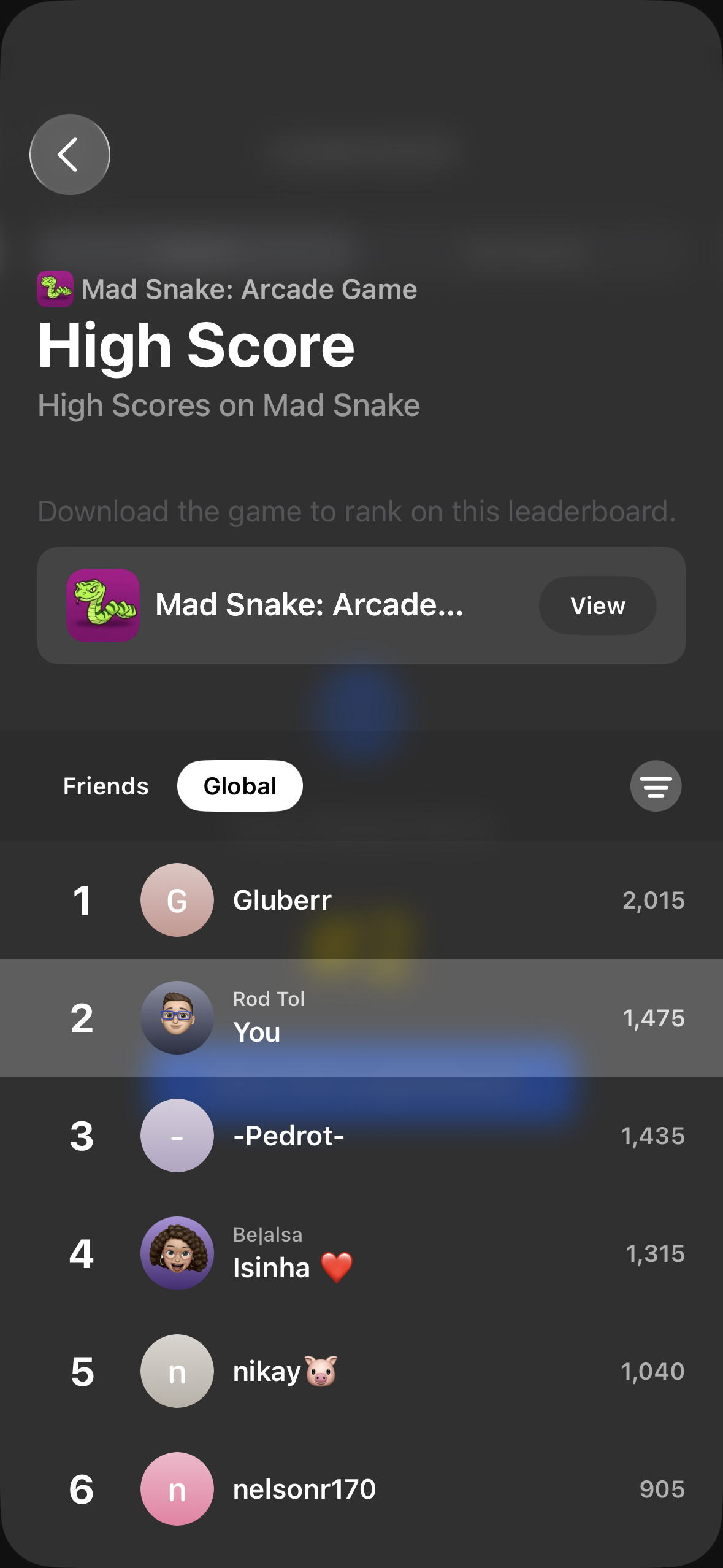 Mad Snake Apple Game Center leaderboard showing global high scores with player rankings