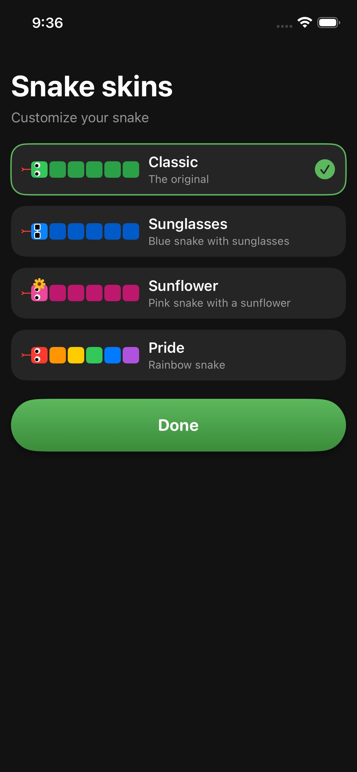 Mad Snake snake skins selection screen showing Classic, Sunglasses, Sunflower, and Pride skins